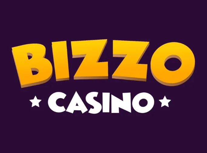 Bizzo Casino logo featuring the word "BIZZO" in large, bold, orange/yellow 3D letters above the word "CASINO" in smaller white letters, set against a dark purple background with a white star on either side of "CASINO".